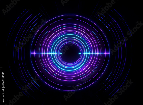 Abstract concentric circles of vibrant purple and blue neon light glow against a dark background, creating a futuristic, technological feel.  A horizontal line of light bisects the design.