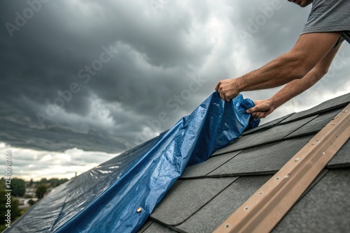 person cover house roof with tarp before storm. Emergency weather protection photo
