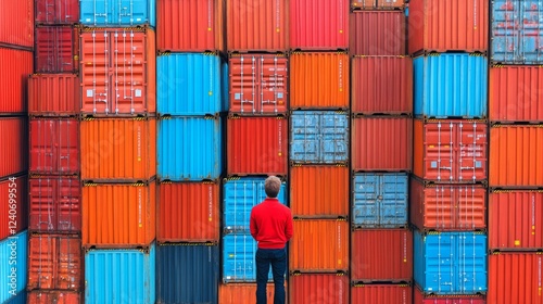 A man in a red shirt stands amidst a wall of colorful shipping containers symbolizing global trade and logistics. The diverse hues of the containers create a vibrant industrial backdrop photo