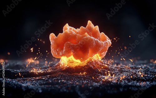 Volcanic eruption with molten lava explosion. photo