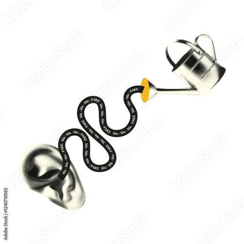 Collage of an ear with a watering can. Lies, fake, news.  Vector illustration.