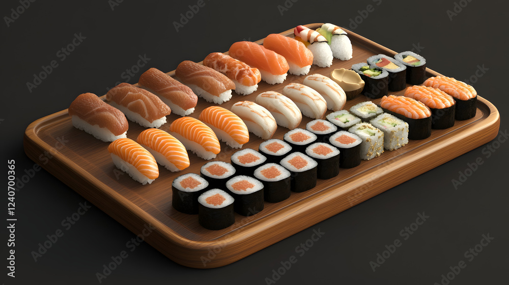 A Japanese sushi platter featuring nigiri, maki rolls, and sashimi, embodying the precision and artistry of Japanese cuisine. A Japanese sushi platter featuring nigiri, maki rolls, and sashimi, embodying the precision and artistry of Japanese cuisine.