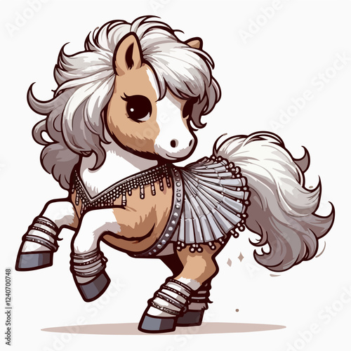 Glamorous Pony: A whimsical and charming illustration of a miniature horse adorned in a sparkling silver dress and accessories, showcasing a playful and fashionable side to the equine world.