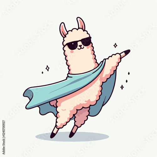 Super Llama: A cheerful and sassy llama in sunglasses and a cape strikes a superhero pose with a playful and whimsical expression. Its soft.