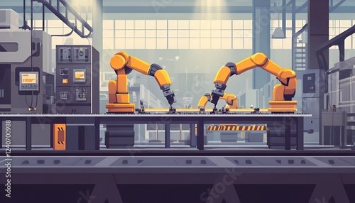 A modern factory floor with automated robotic arms working on an assembly line