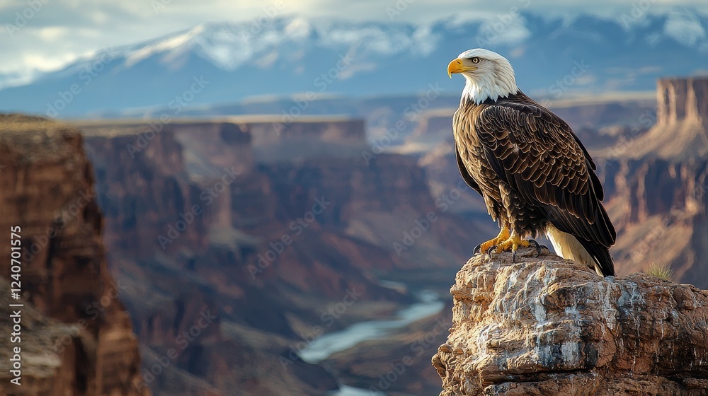 Fototapeta premium A majestic eagle perches on a rocky ledge overlooking a grand canyon landscape, with mountains in the background and a winding river below.