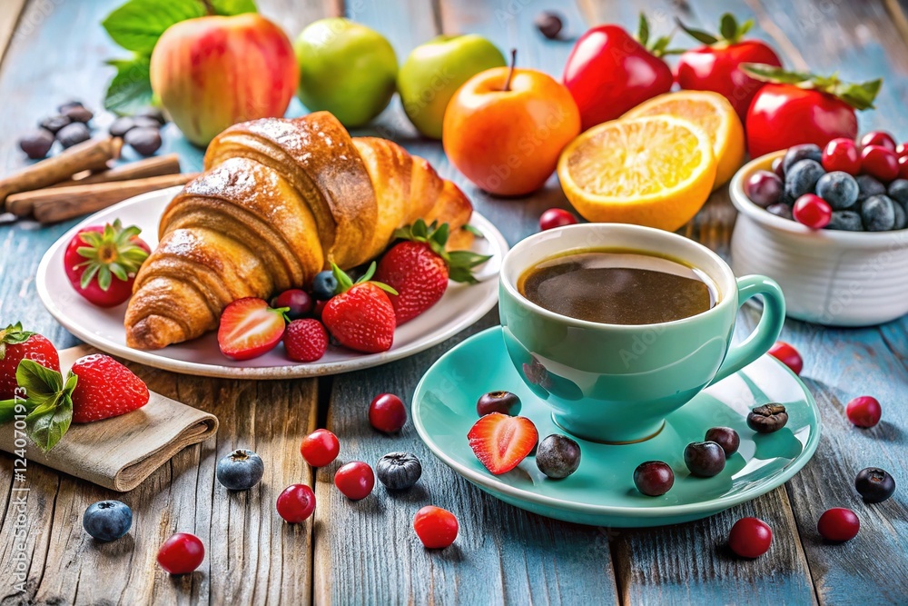 Breakfast with Coffee, Croissant, and Fruits Breakfast with Coffee, Croissant, and Fruits