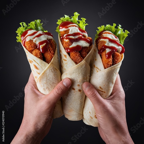 Delicious rolled kebab wraps with crispy fried chicken kitchen food photography dark setting