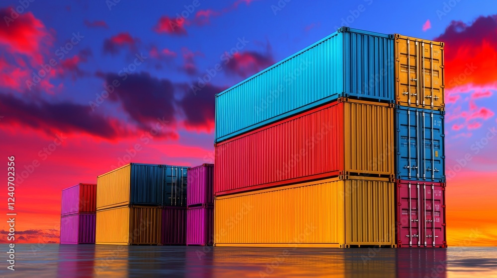 Fototapeta premium Colorful shipping containers stacked high against a vivid sunset, symbolizing global trade, logistics, and the import/export industry.