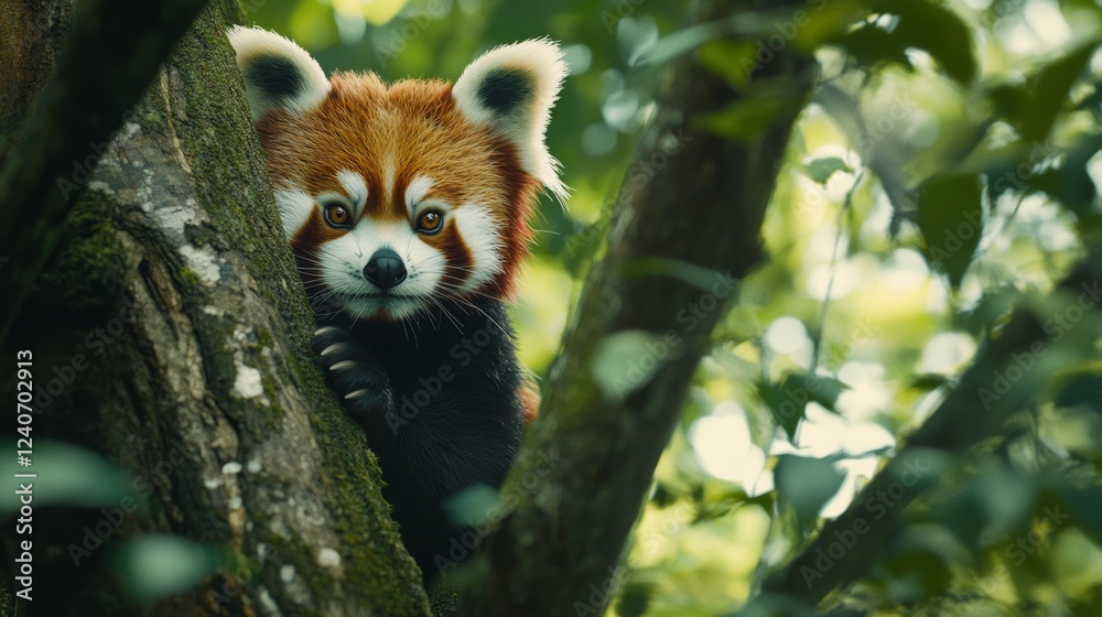 Adorable Red Panda Peeking from Tree in Lush Forest Environment Adorable Red Panda Peeking from Tree in Lush Forest Environment