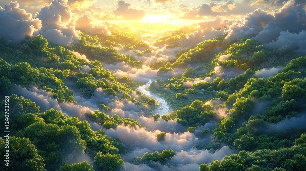 Sunrise over lush valley, cloudscape, aerial view, peaceful nature scene, environmental poster Sunrise over lush valley, cloudscape, aerial view, peaceful nature scene, environmental poster