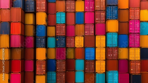 A vibrant wall of stacked shipping containers creates a colorful pattern, highlighting the variety and volume of goods transported globally.