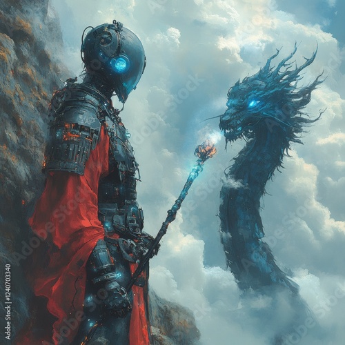 Powerful humanoid cyberdroid on a misty mountain cliff dressed in ornate Chinese armor holding a luminous staff as he prepares to summon a massive dark blue fire dragon amidst a stormy backdrop