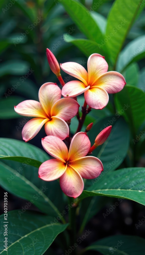 Fototapeta premium Softly focused plumeria blooms amidst a mix of greenery and abstract textures, nature, greenery