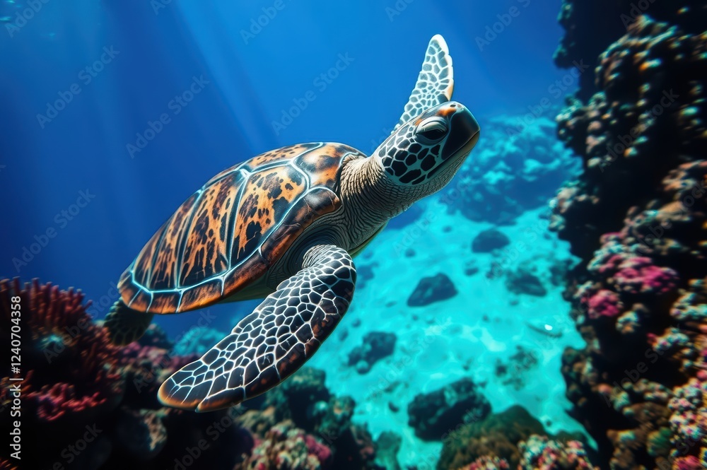Obraz premium Sea Turtle Swimming in Coral Reef, Underwater Scene