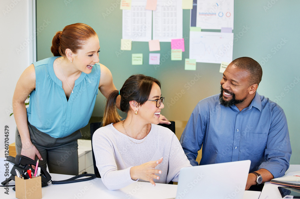 Obraz premium Teamwork, business people and discussion with laptop in office, tax research and report for bookkeeping. Collaboration, employees and accountant with digital for statement review, corporate and laugh