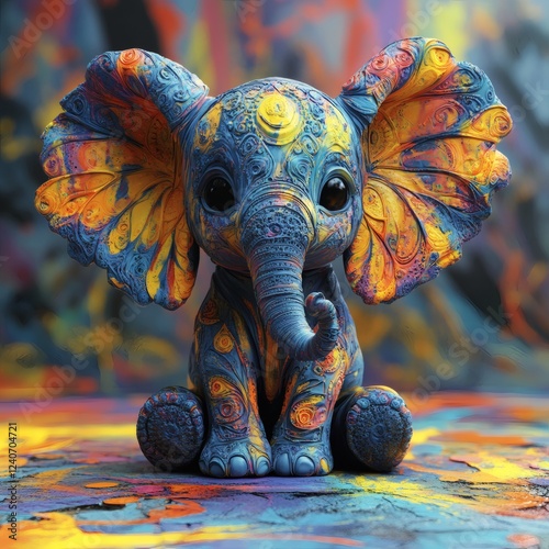 Small elephant with exaggerated large ears made of intricate fractal patterns sitting on a vibrant color floor with splashes of blue and yellow paint against a psychedelic vortex