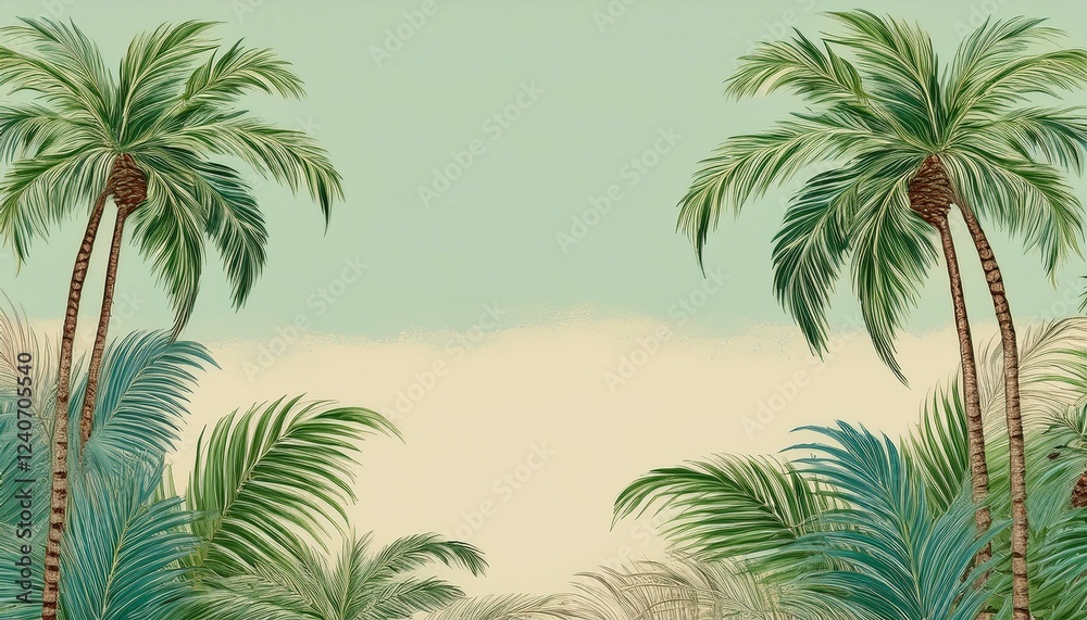 Naklejka premium seamless border frame beautiful vibrant green palm trees on pastel background; copy space for your text
