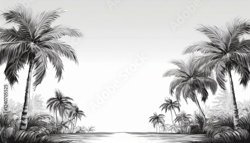 seamless border frame beautiful vibrant green palm trees on pastel background; copy space for your text