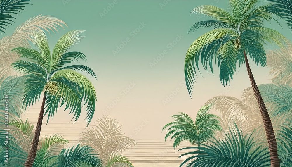 Obraz premium seamless border frame beautiful vibrant green palm trees on pastel background; copy space for your text