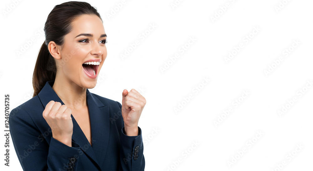 A woman in business attire cheering with confidence, mouth open in excitement A woman in business attire cheering with confidence, mouth open in excitement