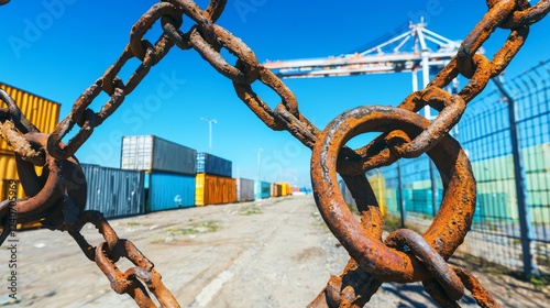 Rusty chains with cargo containers in background illustrating security and logistics in shipping industry. photo