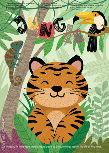 Vector illustration of jungle with funny animals cartoon
