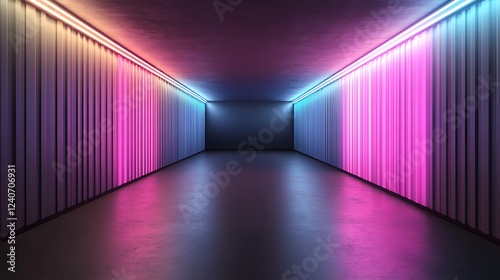 Neon tunnel, vibrant lights, dark floor, club background