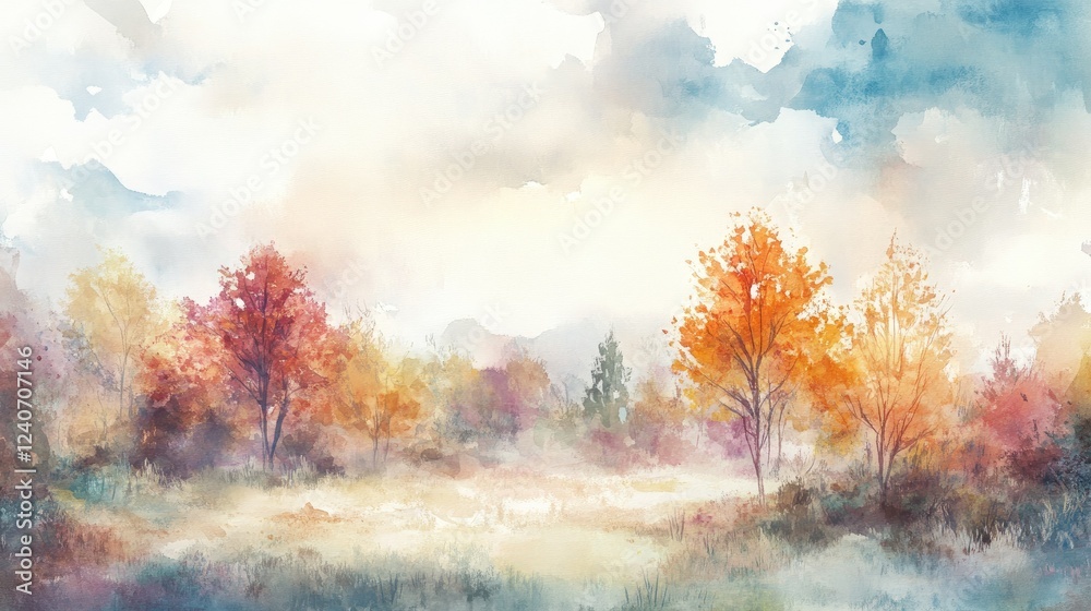 Fototapeta premium Serene Autumn Landscape: Watercolor Painting of Colorful Trees in a Misty Meadow