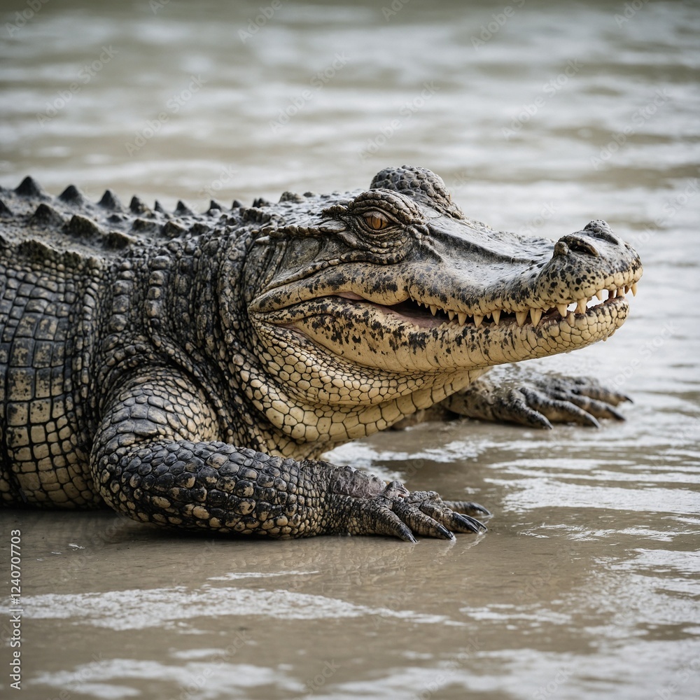 A crocodile lying flat with its powerful body stretched out, on white. A crocodile lying flat with its powerful body stretched out, on white.
