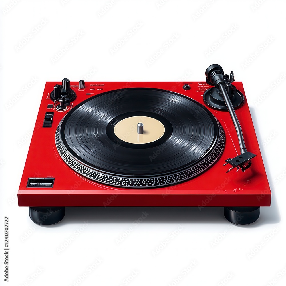 Fototapeta premium Red Vinyl Record Player On White Background Studio Shot