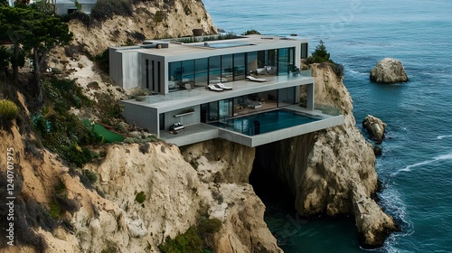 Modern Cliffside Home Overlooking Ocean Waters photo