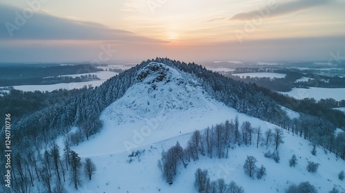 Winter sunrise over snowy hilltop, aerial view of frosted forest photo