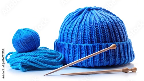 Knitting Hat with Blue Wool and Needles