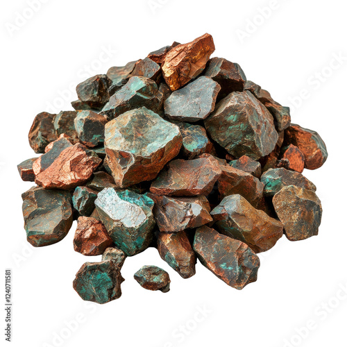 A close-up image shows a pile of rough copper ore rocks exhibiting a mix of reddish-brown and greenish-blue patinas. photo