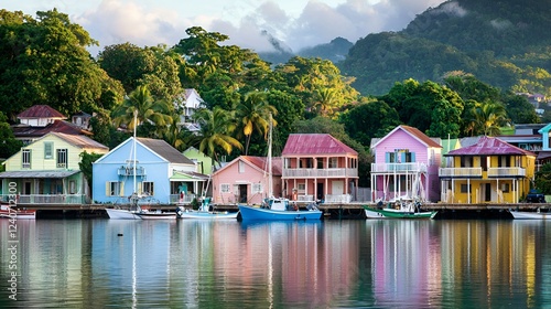 Colorful Caribbean houses waterfront harbor sunrise travel tourism