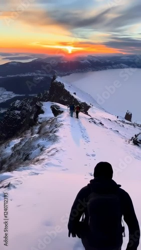 Hiking Adventure on a Snowy Mountain Ridge in New Zealand at Sunset