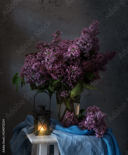 A beautiful arrangement of lilac flowers is displayed in a white vase on a table. The flowers are in full bloom and their vibrant color creates a sense of freshness and vitality.