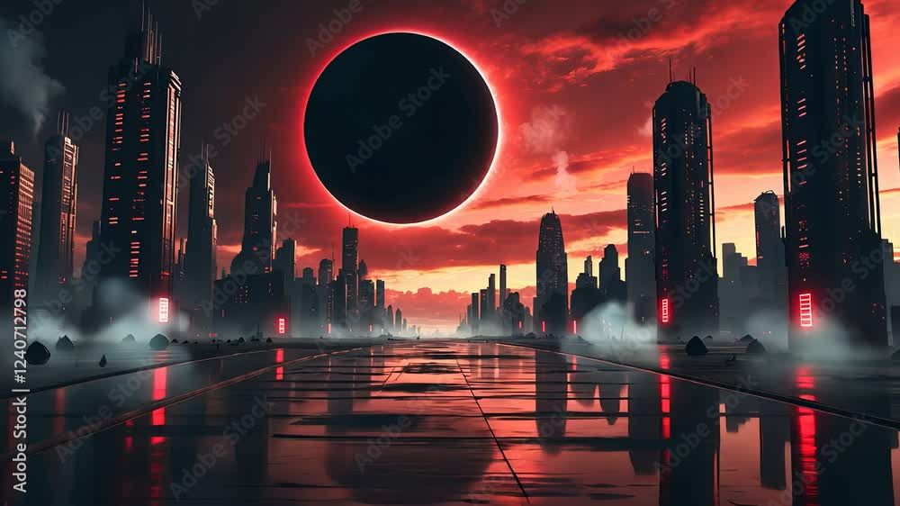 Futuristic cityscape with towering skyscrapers under a dramatic red sky featuring a glowing black solar eclipse

