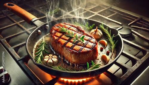 A detailed depiction of a steak being seared in a frying pan. The steak is golden brown with grill marks surrounded by sizzling oil. photo