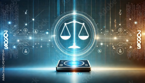 A glowing computer screen displaying a balanced scale with human values and algorithms symbolizing fairness and responsibility in ethical AI. photo