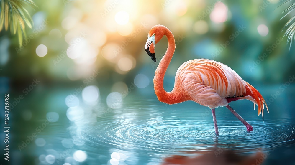 Fototapeta premium A vibrant flamingo wading through tranquil waters, surrounded by lush greenery and soft sunlight