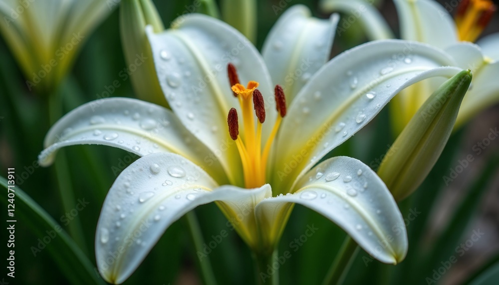 Obraz premium Raindrops on Easter lily petals highlighting their fragility and purity