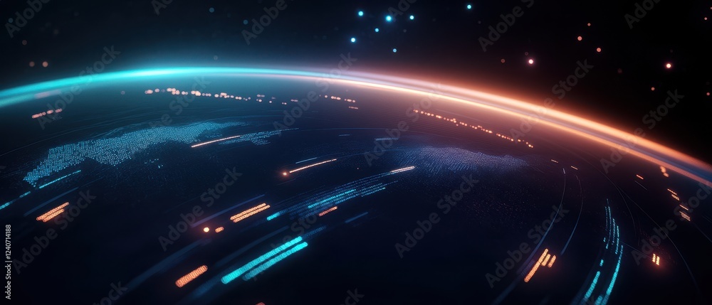 A vibrant digital depiction of Earth with glowing lines and stars, suggesting motion and a futuristic perspective on space. A vibrant digital depiction of Earth with glowing lines and stars, suggesting motion and a futuristic perspective on space.