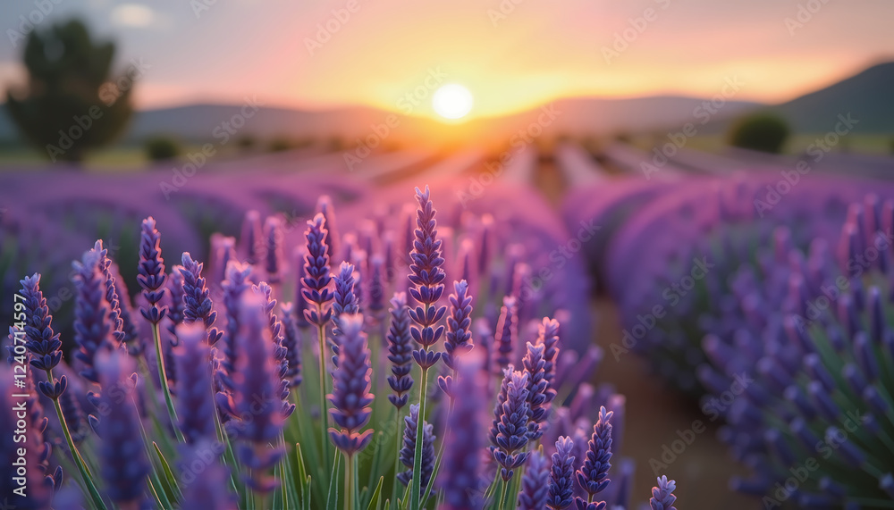 Obraz premium Blooming lavender field at sunset with scenic mountain backdrop