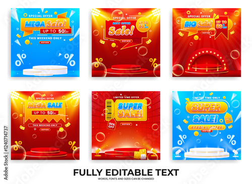 Collection of discount sale promo banner templates. Collection of flash sale, big sale, super sale, and mega sale promo discounts with podium, spotlights, and realistic abstract backgrounds.