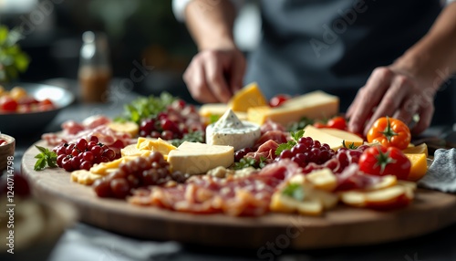 Artisan Charcuterie Board Arrangement With A Variety Of Cheeses Delicately Placed Alongside Fresh Fruits And Herbs In A Rustic Kitchen Setting