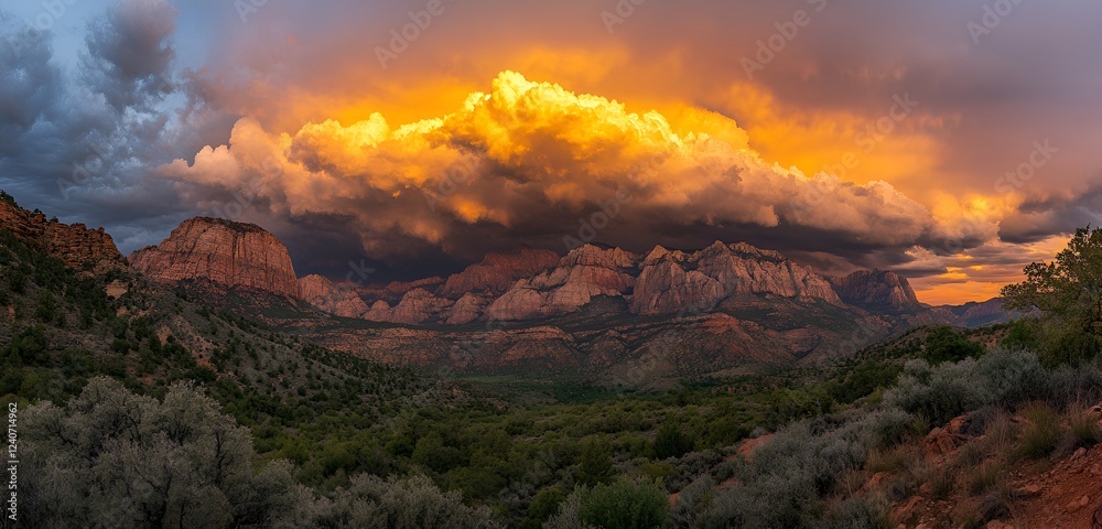 Fototapeta premium Clouds rapidly moving over a dramatic mountain range during the golden hour