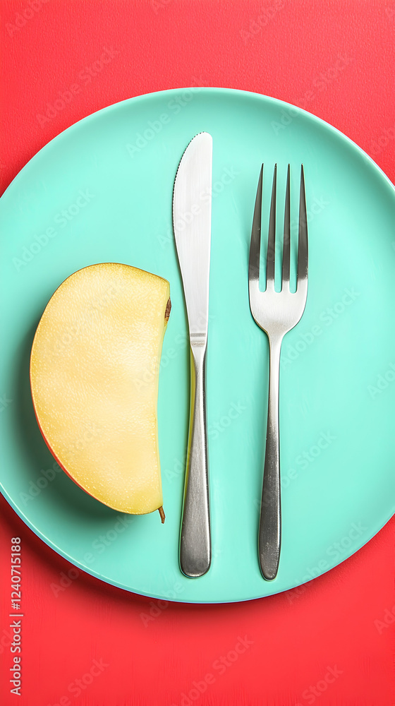 Minimalist Mango Meal: A Single Slice of Mango on a Teal Plate with Knife and Fork Minimalist Mango Meal: A Single Slice of Mango on a Teal Plate with Knife and Fork
