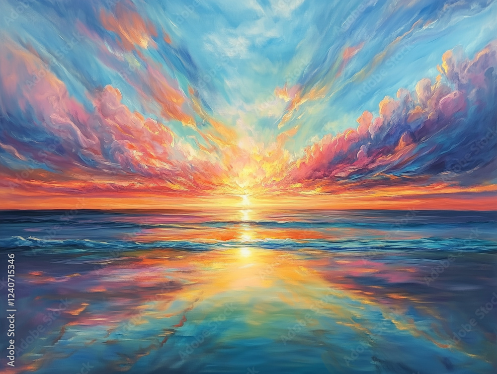 Fototapeta premium stunning sunrise illuminates sky with vibrant colors, reflecting beautifully on endless ocean, showcasing harmonious connection between celestial and terrestrial realms.
